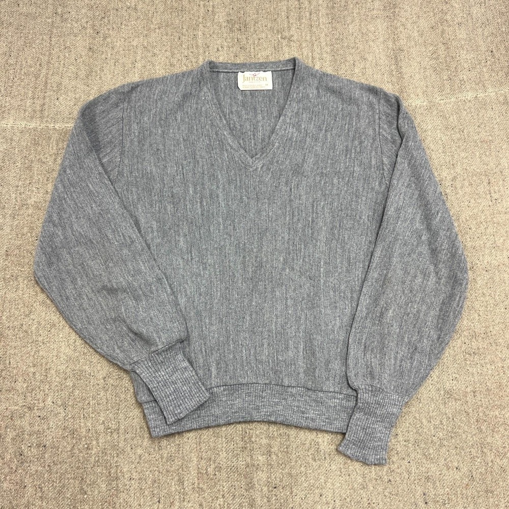 Vintage Jantzen Sweater Mens‎ Medium Gray 1970s V Neck Pull Over Preppy